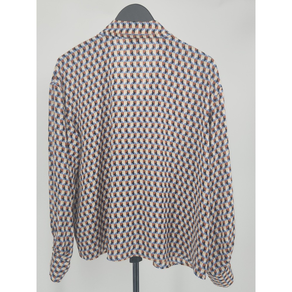 Worthington Womens XL Geometric Triangle Print Button Down Blouse Blue Tan Black - Picture 4 of 7